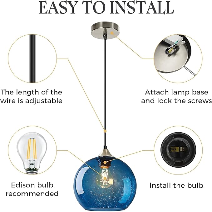 9.1in Large Blue Glass Pendant Light for Kitchen Island, 2-Pack with Extra LED Bulbs & 4.92ft Adjustable Cord | Modern Minimalist Lighting for Dining Room, Living Room, Entryway
