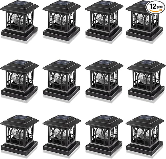 Solar Post Cap Lights, Warm White & RGB Automatic Cycling, Cracked Glass Bulb, 20 Lumens lP65 Waterproof Fit 3.6x3.6 4x4 4.5x4.5 5x5 Wood Fence Post Solar Powered Lights Black (12 Pack)