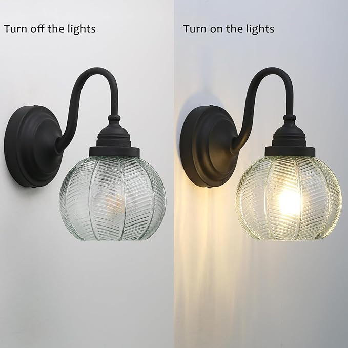PERMO Vintage Wall Sconce with Clear Ribbed Glass Shade Retro Matte Black Sconce Bronze Bathroom Wall Light for Loft Kitchen Living Room Bedroom Hallway Doorway