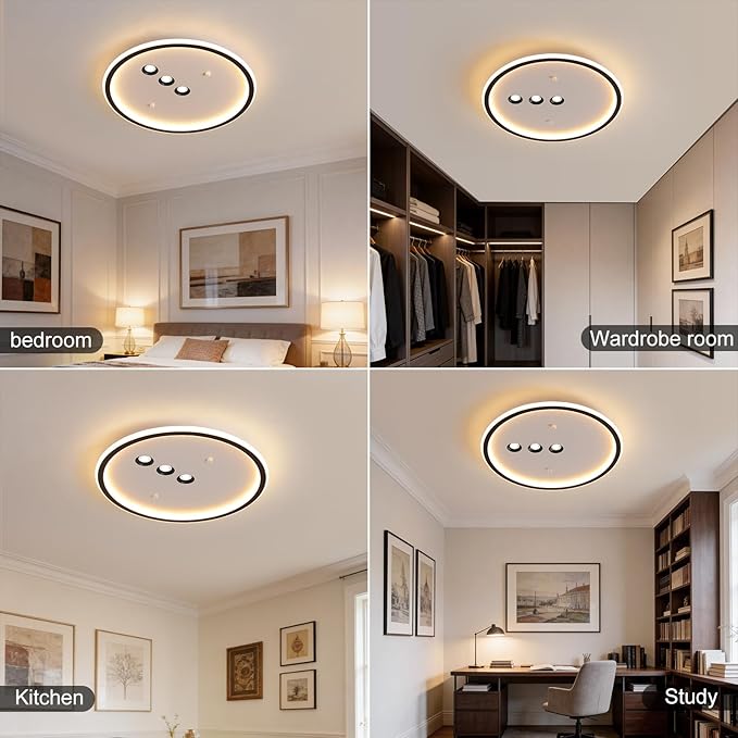 Modern Round LED Flush Mount Ceiling Light with Black Finish & 3 Adjustable Spotlights, Dimmable Soft Glow Ceiling Lighting for Living Room Bedroom Hallway