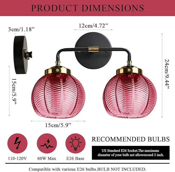 Bathroom Lighting fixtures Modern Vanity Lights Red Ribbed Glass Shade 2-Lights Over Mirror Wall Sconce Vintage Gold Bathroom Light fixtures Black Wall Mount Light Farmhouse Sconces
