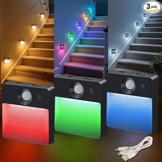 Guankai 3 Pack Motion Sensor Stair Light for Indoor, Rechargeable Battery Operated Night Lights, RGBW Stick On Closet Lamp, Motion Activated Magnetic Lighting Lamps for Step, Cabinet,Hallway,Bathroom