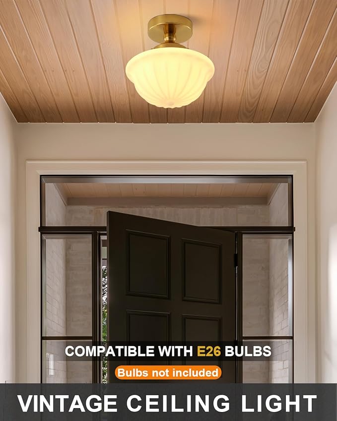 Schoolhouse Milk White Glass Ceiling Light,9" Semi Flush Mount Ceiling Light, Gold Mid Century Light Fixtures for Bedroom Kitchen Hallway Entryway