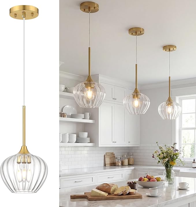 Glass Pendant Lights for Kitchen Island, 7" Modern Gold Pendant Light Fixtures Small Adjustable Hanging Light for Kitchen, Dining Room, Sink, Bathroom