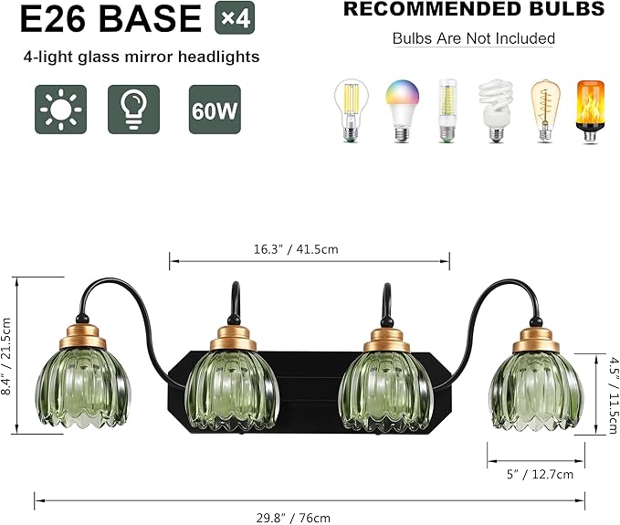 Vintage Bathroom Vanity Light, 4 Light Bathroom Lighting Fixtures Over Mirror, Mid Century Style Farmhouse Light Fixtures with Green Glass Shades, Black Finish Wall Mount for Bedroom , Living Room
