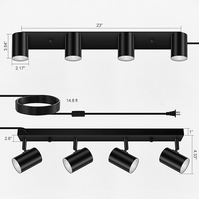 AUQUEE 4 Light Track Lighting Kit,Black 4 Way LED Plug in Ceiling Spotlight,Industrial GU10 Wall Light for Kitchen Cabinet Gallery Bar Hallway Living Room,Rocker Switch,15 Foot Cord(No Bulb)