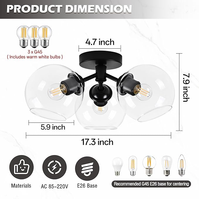 KoKo&Yukina 3-Light Mid Century Modern Black Semi Flush Mount Ceiling Light Globe Sputnik Chandelier Fixture Clear Glass Globe Ceiling Lights for Bedroom Living Room Hallway Entryway Foyer