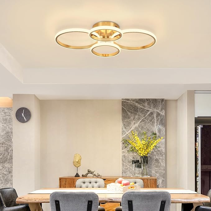 Dimmable Modern LED Ceiling Light, 4 Rings 3000K-6000K LED Gold Close to Ceiling Light, Flush Mount Ceiling Lights Fixture for Bedroom, Kitchen, Laundry Room,Office