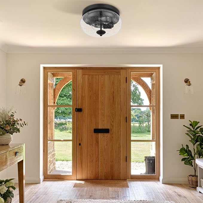 Darkaway Black Ceiling Light Fixtures, Indoor Outdoor Flush Mount Ceiling Light with Seeded Glass Shade for Farmhouse Hallway Kitchen Bedroom Porch Living Dining Room