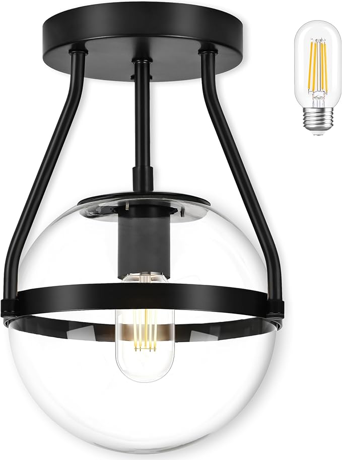 Bagood 8 Inch Mid Century Ceiling Light Modern Black Semi Flush Mount Ceiling Light with Clear Glass Shade Globe Semi Flush Mount Ceiling Light Fixture for Bedroom Hallway Bathroom Foyer (Bulb Incl.)