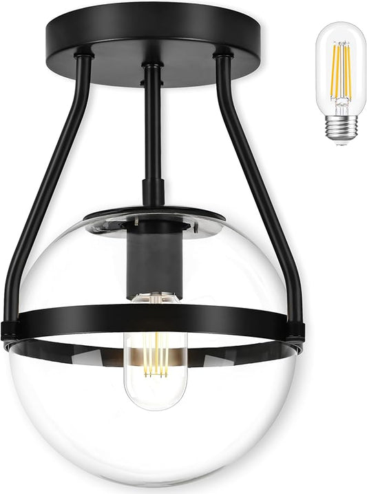 Bagood 8 Inch Mid Century Ceiling Light Modern Black Semi Flush Mount Ceiling Light with Clear Glass Shade Globe Semi Flush Mount Ceiling Light Fixture for Bedroom Hallway Bathroom Foyer (Bulb Incl.)