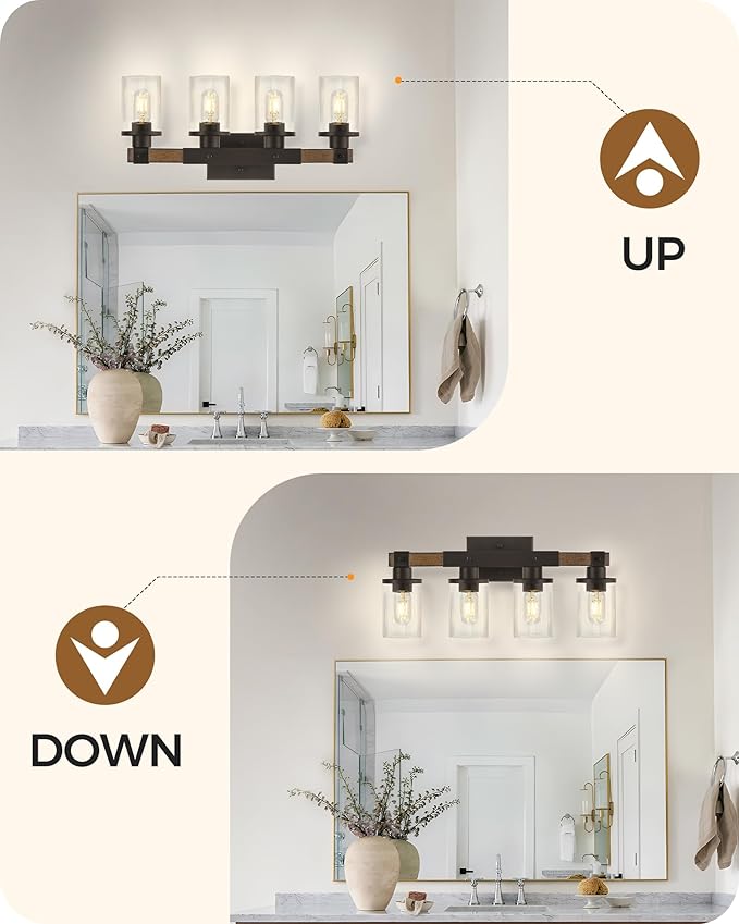 4-Light Bathroom Light Fixture, Farmhouse Vanity Lights for Bathroom with Glass Shade, Rustic Bathroom Light Fixtures, E26 Base F09BD05