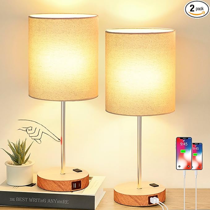 Lynnoland Set of 2 Touch Wood Table Lamps, Bedroom Lamps with 2 USB AC Outlet, 3-Way Dimmable Bedside Nightstand Lamps for Bedroom Living Room Nursery, 800 Lumens 2700K Bulbs Included