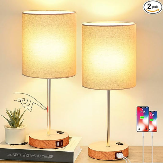 Lynnoland Set of 2 Touch Wood Table Lamps, Bedroom Lamps with 2 USB AC Outlet, 3-Way Dimmable Bedside Nightstand Lamps for Bedroom Living Room Nursery, 800 Lumens 2700K Bulbs Included