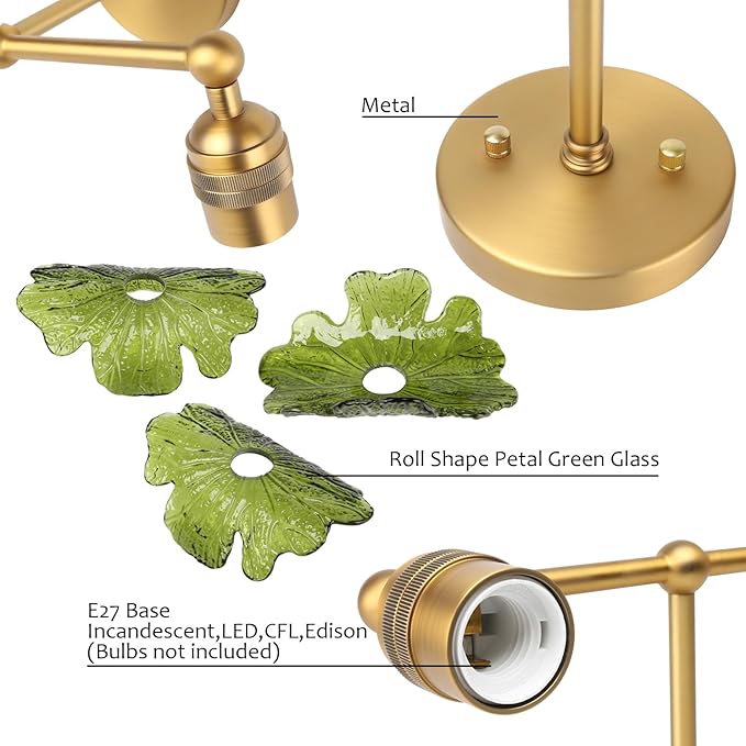 Pathson 2-Lights Wall Sconce Green Petal Glass, Hardwired Double-Head Bathroom Sconces Boho Brass Vanity Light for Wall Decor Living Room, Kitchen Sink, Bedroom, Farmhouse
