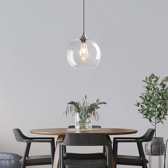 Mikeru Glass Globe Pendant Light Single, 9.85 Inch Clear Bubble Glass Hanging Lamp, Mid Century Modern Pendant Lighting for Kitchen Island Dining Room Bedroom (Bulb Not Included)