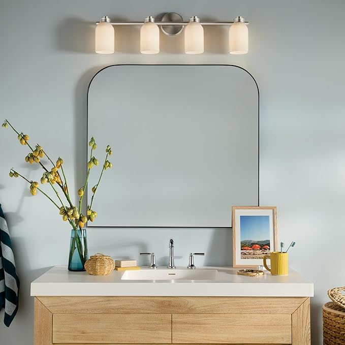 Kichler Shae 32.25" 4-Light Vanity Light with White Opal Glass in Brushed Nickel, for Bathroom Vanity, Powder Room, Over a Mirror, (32.25" W x 9" H), 55203NI