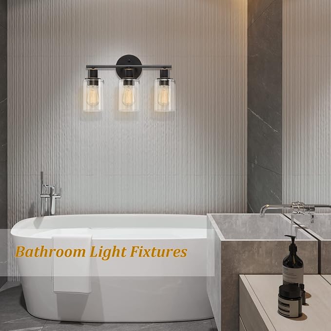 Pia Ricco Bathroom Vanity Light Fixtures, 3-Light Bathroom Wall Lights with Clear Glass Shades, Oil Rubbed Bronze Modern Vanity Light Over Mirror, Wall Sconces for Living Room Bedroom Hallway