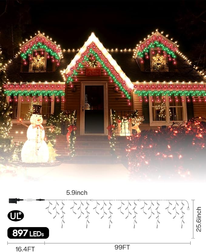 99FT Smart Color Changing Christmas Icicle Lights - APP Control 897 LEDs 207 Drops Outdoor Roof String Lights DIY 100+ Effects Music Sync, Waterproof for Outside Garage Eaves House Holiday Decor