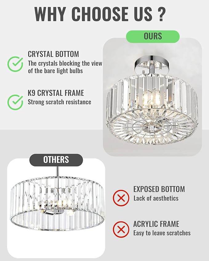 Crystal Light Fixture, Modern 2-Light Chrome Flush Mount Light Fixture, 11" Round Crystal Chandelier for Bedroom Entryway Kitchen Hallway Lighting, SF004-2-CH
