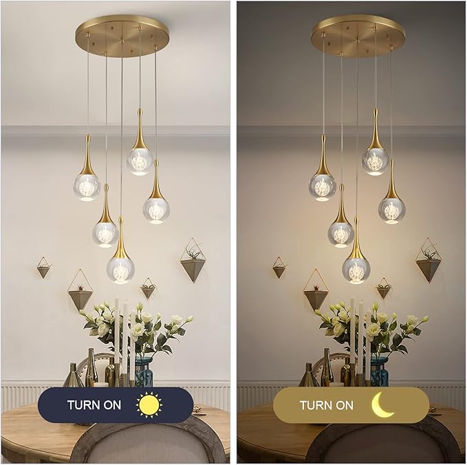 5 Lights Crystal Pendant Light, 25W Gold Dimmable LED Teardrop Cluster Pendant Lighting Fixture for Dining Room Kitchen Living Room Foyer Hallway Bedroom 3000k Warm White