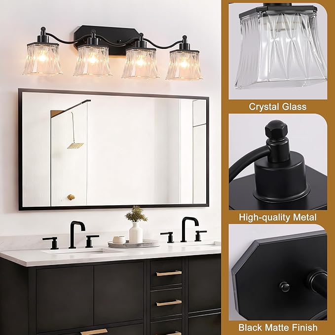 Bathroom Vanity Light Fixtures, 4-Light Vintage Matte Black Vanity Lights with Crystal Glass Shades, Farmhouse Bathroom Lighting Fixtures Over Mirror for Bathroom Bedroom Hallway