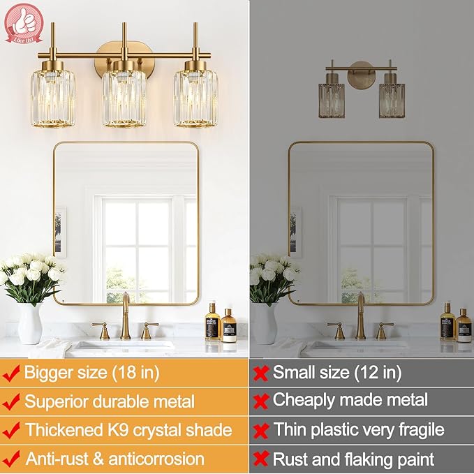 Modern Crystal Bathroom Vanity Light, 3-Light Brushed Gold Bathroom Light Fixtures with Clear Shades, Vanity Lighting Fixtures Over Mirror (Exclude Bulb)