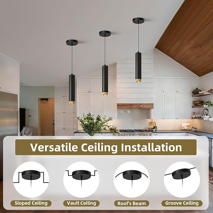 OKELI Modern Black LED Pendant Light for Kitchen Island, 3 Pack – Dimmable Zoomable Pendant, Adjustable Beam Angle, 3 Color Temps 2700K/4000K/6000K, Mini Hanging Light for Bar or Bedroom, 12W 11.8"