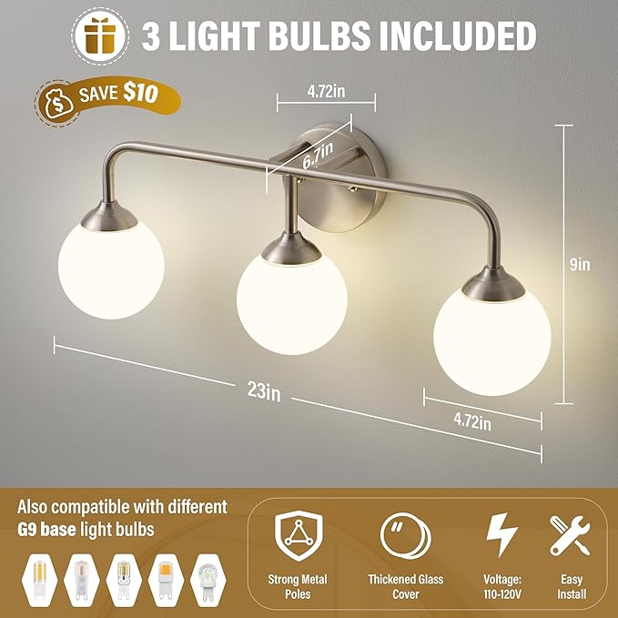 Bathroom Light Fixtures - 3 Light Brushed Brass Vanity Light Over Mirror for Bathroom Mirror Living Room, Brushed Nickel Bathroom Wall Sconce with Frosted Glass Shade, 3 G9 Bulbs Included