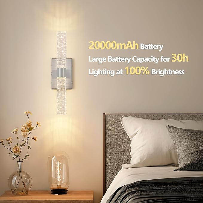 Brushed Nickel Battery Operated Wall Sconces Set of 2, 20000mAh Rechargeable Wall Light with Remote Control, 3000K-6000K Dimmable LED Wireless Sconces for Bedroom, Living Room, 15.6 Inch