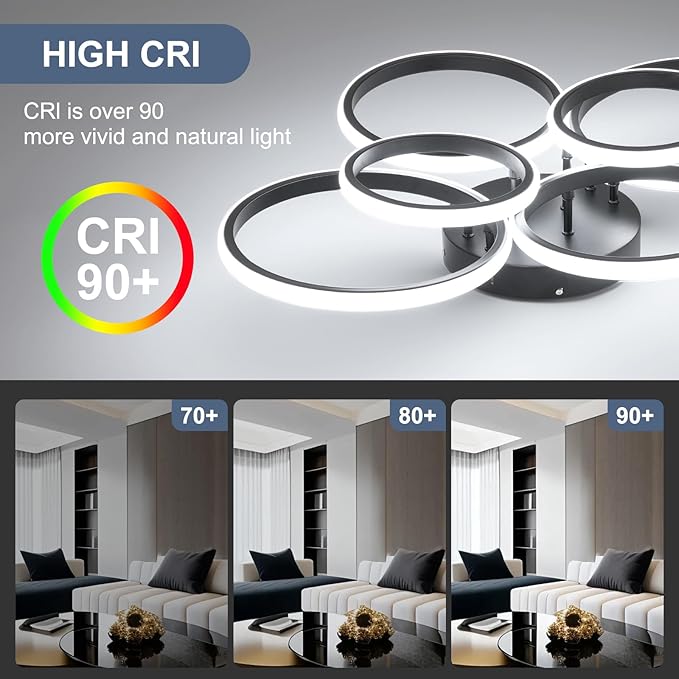 Modern Ceiling Lights, 6 Rings Dimmable Black LED Ceiling Light Fixtures with Remote Control, 60W Close to Ceilings Lighting for Living Room, Bedroom, Dining Room