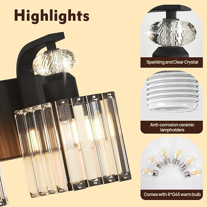 Modern Bathroom Vanity Light, 6-Light Black Bathroom Lighting Fixtures Over Mirror, 44.1" Crystal Wall Light Sconce for Bathroom/Bedroom/Vanity, Includes LED Bulbs, Easy Installation