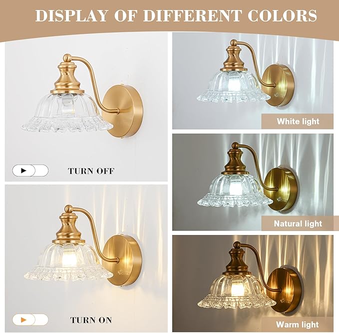 Vintage Wall Sconce Light, Gold Brass Bathroom Sconces Wall Lighting, Antique Wall Light Fixture with Clear Flower Glass Shades, Indoor Wall Sconces for Living Room Bedroom, 1-Light Wall Lamp