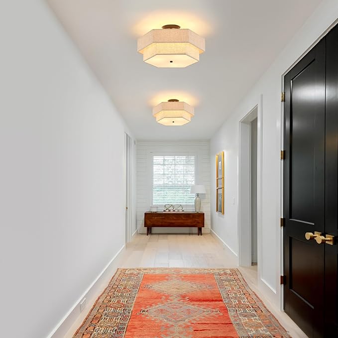 Large Semi Flush Mount Ceiling Light 18" Modern Black Drum Ceiling Lighting Fixture with Linen Shade Vintage Ceiling Lamp for Living Room, Bedroom, Kitchen, Dining Room, Hallway, and Entryway