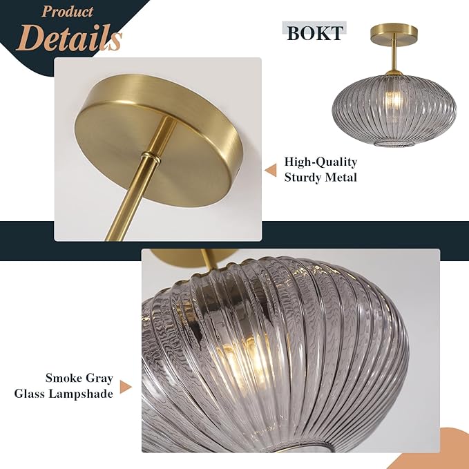 BOKT Smoke Gray Glass Modern Pendant Light Nursery Close to Ceiling Light Hallway Gold Semi Flush Mount Ceiling Light Fixture for Laundry, Schoolhouse, Stairway 9.8"