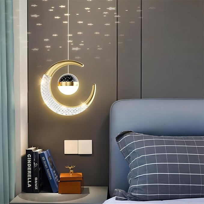 7.9 Inch Moon Shaped Star Bedside Chandelier, Acrylic Pendant Light, Modern LED Chandelier for Bedroom, Living Room - 2 Piece Set, Gold Warm Light