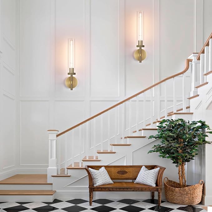 Modern Brass Hardwired Wall Sconces 2 Pack, 20'' Knurled Bathroom Wall Sconce, Indoor Wall Sconce,Copper and Tube Glass Vanity Light, for Living, Bedroom, Hallway, Staircases, Include Bulbs