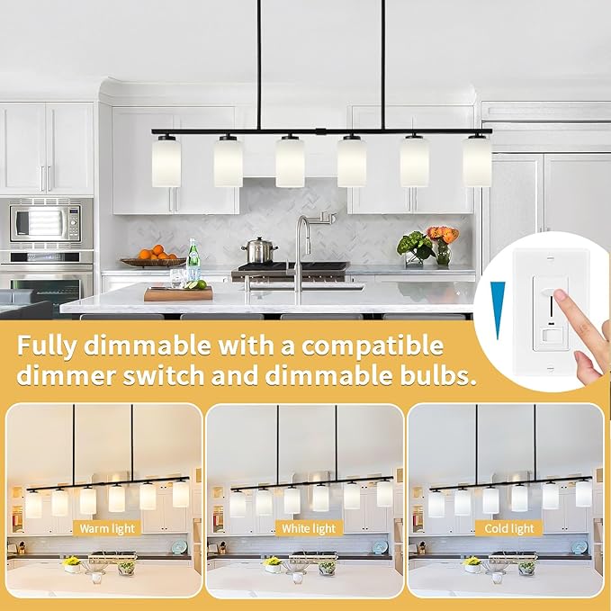 6-Light Modern Island Lights for Kitchen, Black Dining Room Light Fixtures Over Table, Pendant Lighting Over Island Kitchen Hanging Light Fixtures 45.27'' Large Chandeliers with Milky Glass Shades