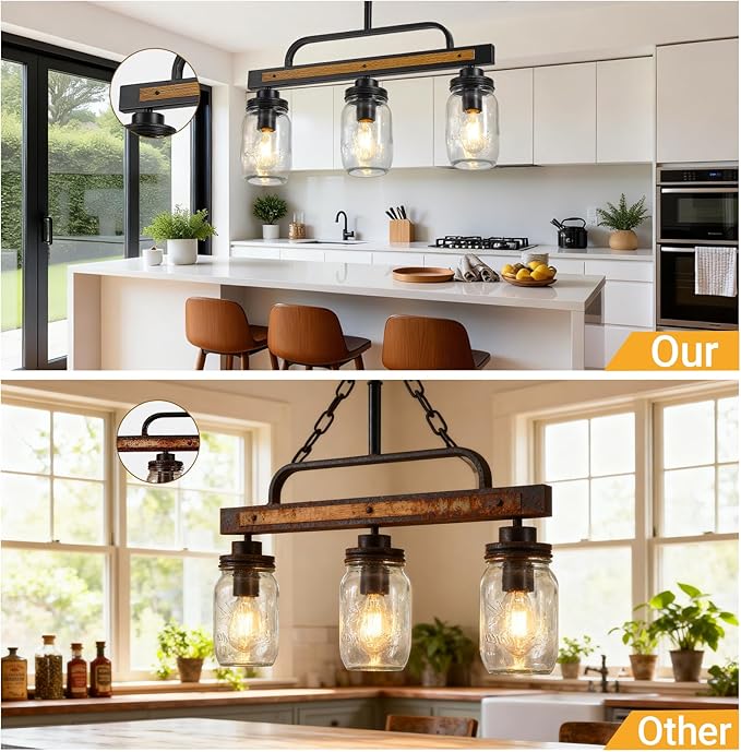 3-Light Farmhouse Dining Room Chandelier, Black Mason Jar Chandelier Lighting Fixture for Kitchen Island, Dining Table, Rustic Linear Cluster Hanging Pendant Light, Faux Wood with Glass Shade