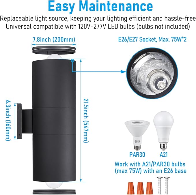LEONLITE Modern Outdoor Cylinder Wall Lights 22", Up and Down Porch Patio Lights, Matte Black Waterproof Wall Sconce, Aluminum, E26 Base, Exterior Light Fixture Wall Mount, ETL, Pack of 2