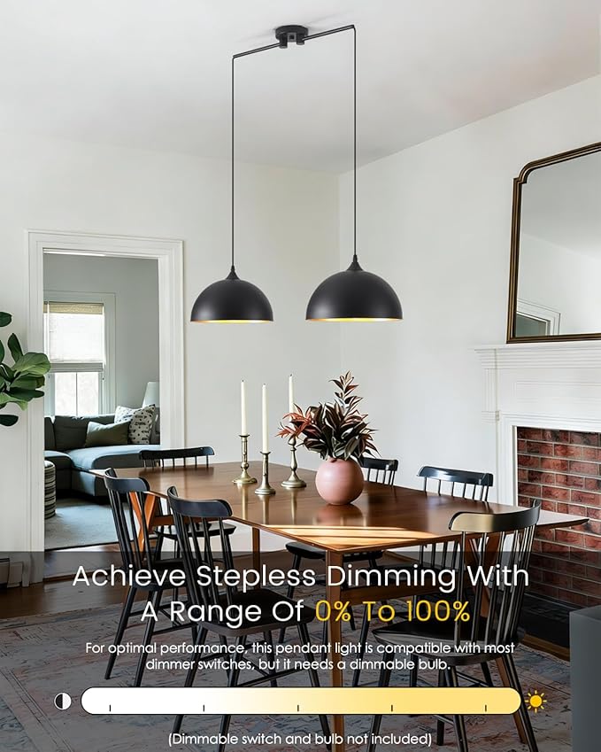 Black Pendant Lights Kitchen Island 2-Light, Black Dome Pendant Light, Kitchen Island Lighting, Dining Room Light Fixture, Island Pendant Lights for Kitchen, Dining Room, Bar, Cafe
