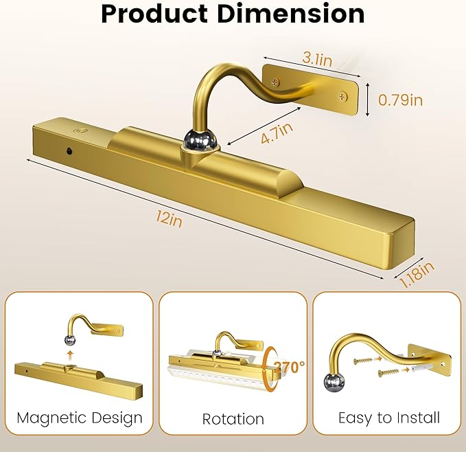 4 Pack Picture Art Above Light Set, 12" Wireless Battery Picture Lighting, Remote Control Timer 3 Color Temps for Living Bedroom or Museum (Gold)