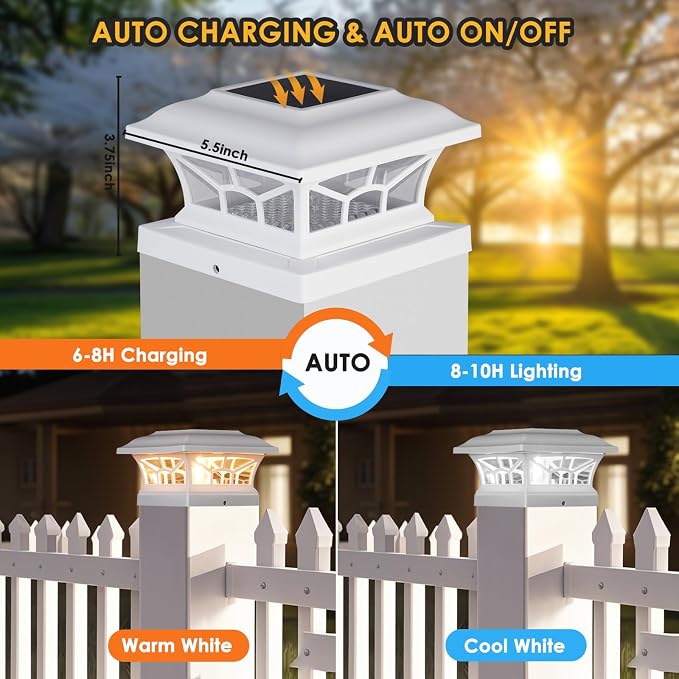 4 Pack Solar Post Cap Lights Outdoor Waterproof, Fits 4x4, 5x5, 6x6 Wooden & Vinyl Fence Decks with Warm & Cool White Light Modes (Classic White, 4)