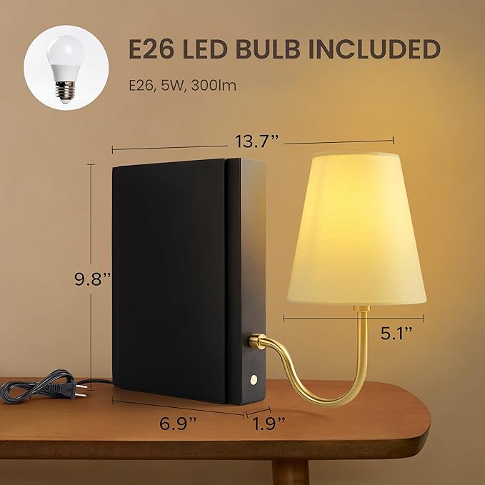AELS Wooden Bookshelf Lamp with Bulb, Table Lamp with Linen Shade, 3-Color Dimmable Touch Control, Modern Decorative Bookend, Book Sconce for Office Home Bedroom Bookshelf, Black