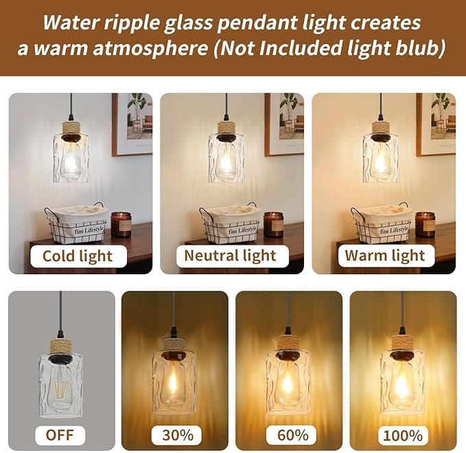 2 Pack Farmhouse Pendant Lights for Kitchen Island, Water Ripple Glass Hanging Light Fixture, E26 Black Island Lights for Kitchen, Dining Room, Bedroom, 41" Adjustable Cord, Bulb Not Included