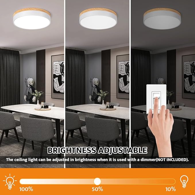 Yiisem Dimmable Wood LED Flush Mount Ceiling Light, 5CCT 2700K-6000K Modern Round Close to Ceiling Lighting Fixtures, Minimalist White Ceiling Lamp for Bedroom, Kitchen, Hallway, Laundry Room
