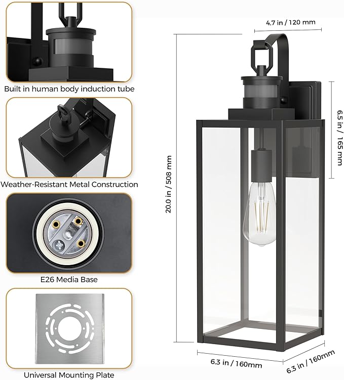 DORESshop Large Size Motion Sensor Outdoor Wall Lights, 20 Inch Matte Black Waterproof Anti-Rust Outdoor Light Fixtures Wall Mount with Clear Glass Shade for Porch, Garage, ETL Listed, 2 Pack