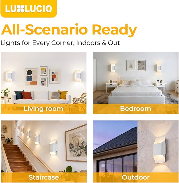 White 2Pack Wall Lights for Up and Wall Light, 5%-100% Dimmable, Modern Porch Light, IP65 Waterproof, 120V, 12W, 2700K-5000K 5Color Selectable CRI90+, ETL FCC