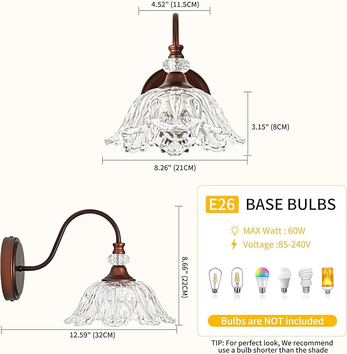 1-Piece Antique Red Bronze Vintage Wall Sconce with Floral Clear Glass Shade, Farmhouse Wall Mount Lighting for Bathroom,Vintage Bathroom Vanity Light Fixtures