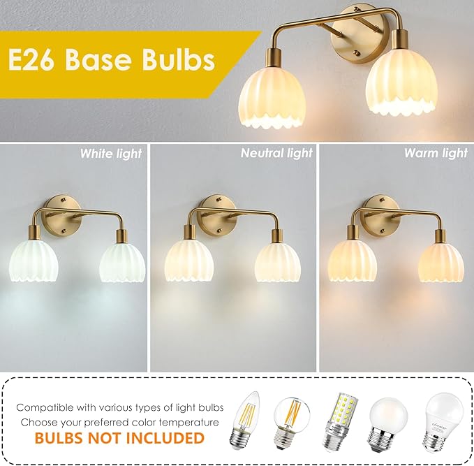 2-Light Gold Brass Bathroom Light Fixture,Wall Sconces,Brushed Gold Vanlity Light Over Mirror,Bathroom Vanity Light with White Glass Flower Shade,E26 Socket(Bulbs Not Included)